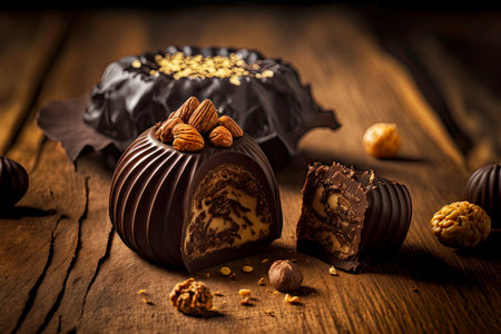 truffle candy made from intense chocolate with pieces of nuts on wooden backgroundの写真素材