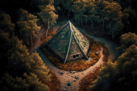 triangular mud hut surrounded by dense forest