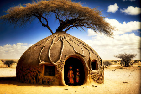 poor dirty mud hut in desert next to gnarled tree