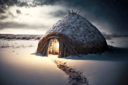 mud hut with illuminated entrance and snow-covered roofの写真素材