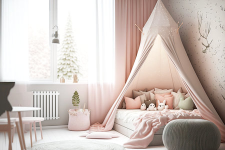 bright pink bedroom with cot decorated in form of triangular tentの写真素材