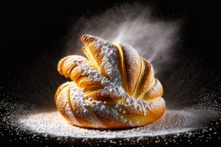 golden delicious croissant sprinkled with sugar and powdered sugarの写真素材