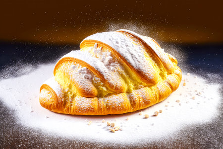 golden delicious croissant sprinkled with sugar and powdered sugarの写真素材