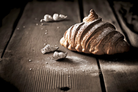 french bread croissant on baking sheet on wooden tableの写真素材