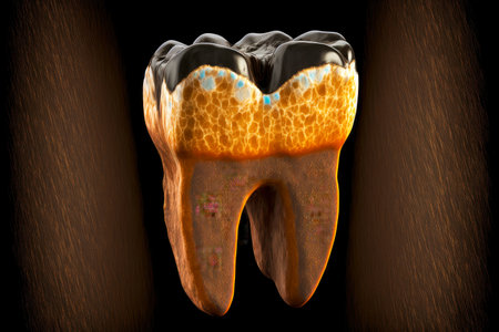 stained brown teeth with dental pulp on black backgroundの写真素材