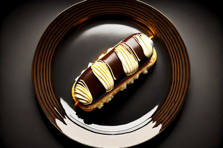 elegantly cut pieces of delicious chocolate eclair with cream on plate