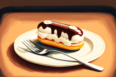 piece of dessert eclair with cream in plate on table