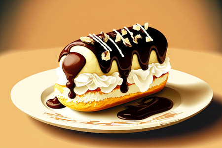 sweet desserts eclair with cream and chocolate on plate