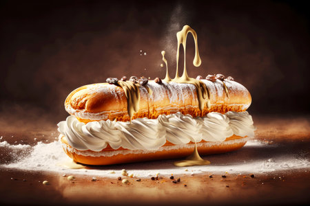 sweet dessert eclair with coffee cream sprinkled with powdered sugar