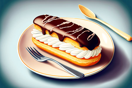 delicious french dessert eclair with cream on plate of pastries