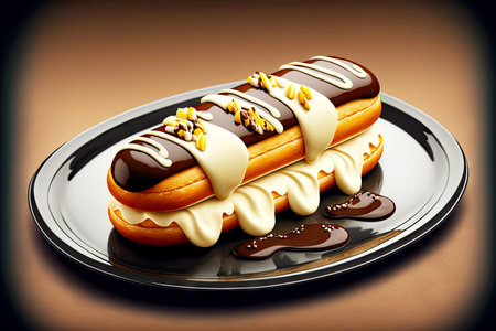 delicious plate of pastries with cream in form of eclair for celebration