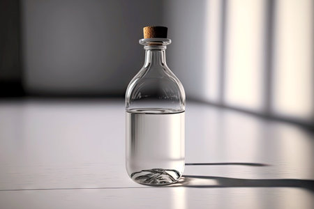 small empty bottle for water lying on white table