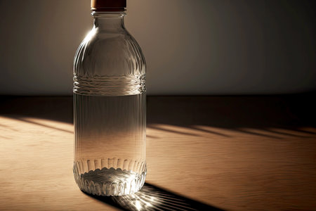 empty bottle for water standing on floor against light backgroundの写真素材