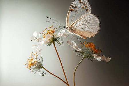 delicate beautiful flower model with butterfly on thin white stem