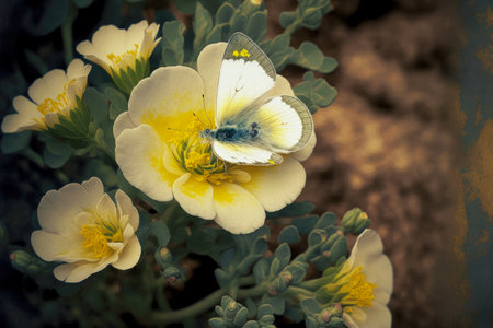 small white flower in garden with yellow petals and small butterflyの写真素材