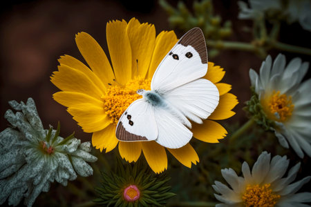 small white flower in garden with yellow petals and small butterfly