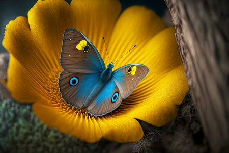 small bright yellow flower with blue eye and butterfly nearby