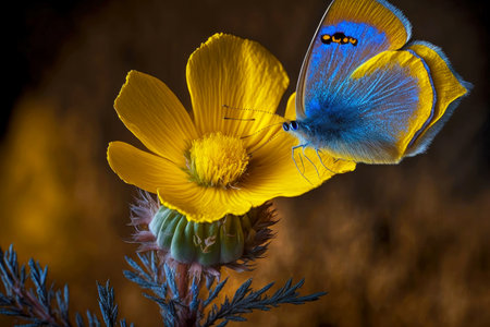 small bright yellow flower with blue eye and butterfly nearby