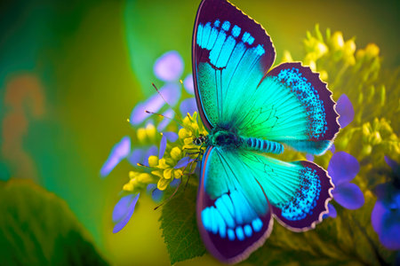 bright blue insect butterfly with flower on blurred green background