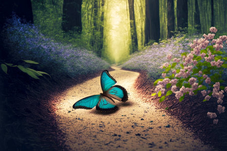 sandy path with forest in background and flower butterfly sitting on petals