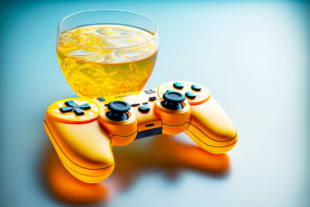 beautiful curved gamepad controller near glasses of orange juice