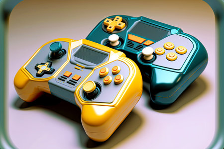 closeup of two modern controllers for video games in form of television gamepad