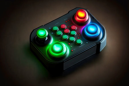 controller for computer games with buttons and four-colored backlight lamps on dark background
