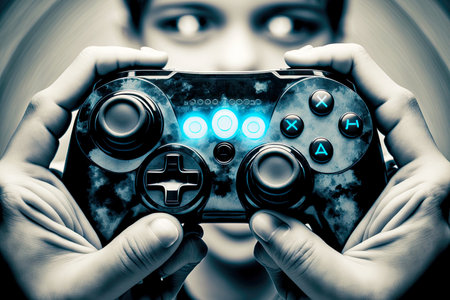 boys hands holding gamepad controller on gray blue blurry background