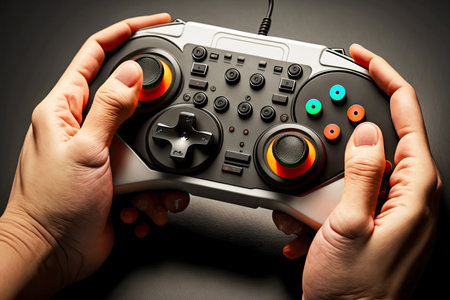 controller for personal computer gamepad with four buttons in hands of gamer
