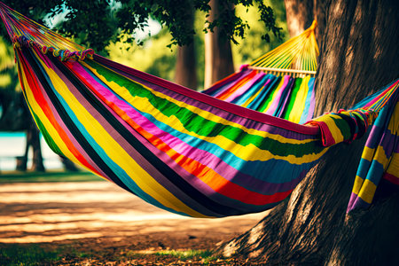 bright multicolored hammock hung up between trees in park
