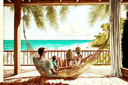 family relaxing in veranda with view to sea and hammockの写真素材
