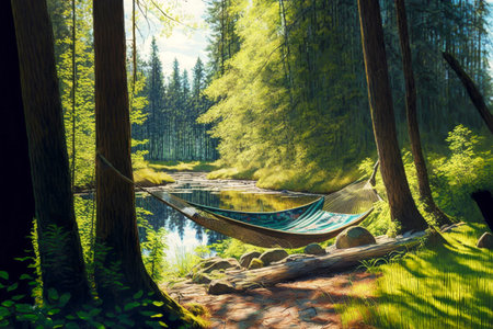 secluded sunny spot in forest with two wooden hammockの写真素材