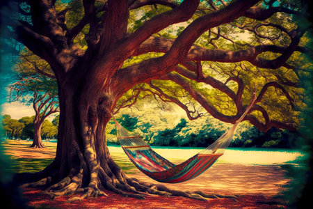 attractive tree in park with double hammockの写真素材