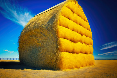 bright yellow haystack stored in barn against background of blue sky