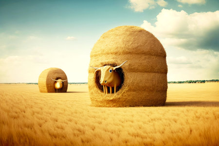 two-stack haystack for animals placed in empty pasture