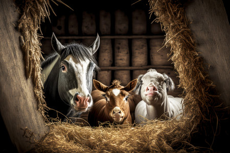 farm animals searching hay in old barn haystack