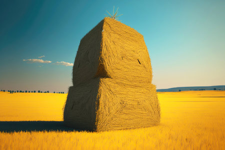 govedina stack of hay in golden field against backdrop of clear sky