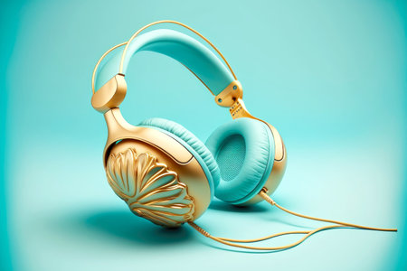 fashionable beautiful headphones with microphone on blue backgroundの写真素材