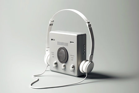 audio player with headphones on light gray background