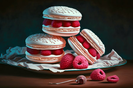 macaron cookies with raspberry jam and vanilla cream