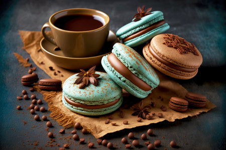 delicate pastries in form of crispy delicate macaron with cocoa and coffeeの写真素材