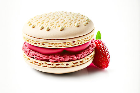 homemade french dessert macaron with raspberry filling on white backgroundの写真素材