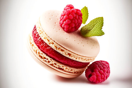 homemade french dessert macaron with raspberry filling on white background