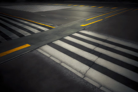 grey urban pedestrian crossing with markings on dark grey pavement section