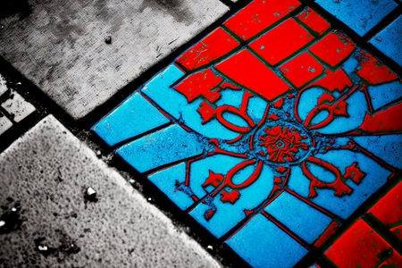 contrasting red and blue tiles on oriental pattern in street paving section