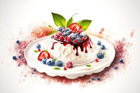 mousse cream with berries and powdered sugar on plate for dessert pavlov dessertの写真素材
