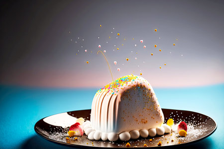 hearty delicious sweet dessert in form of marshmallow mousse on plate over blurred background