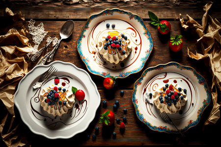 fresh homemade sweeten pavlov dessert in plates on wooden table