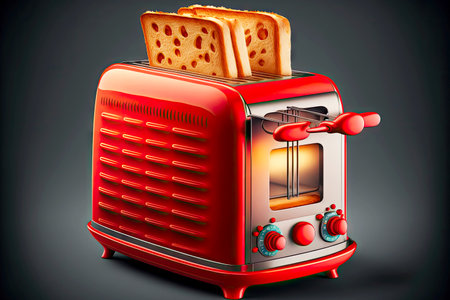 cooking delicious toasted bread in bright red toaster with levers