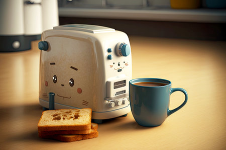 unevenly toasted toast lying on table next to coffee machine and mug with tea